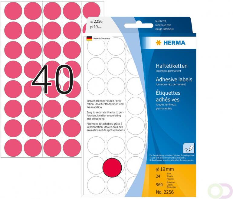 Herma Multipurpose-etiketten Ã 19 mm rond fluor rood geperforeerd permanent hechte